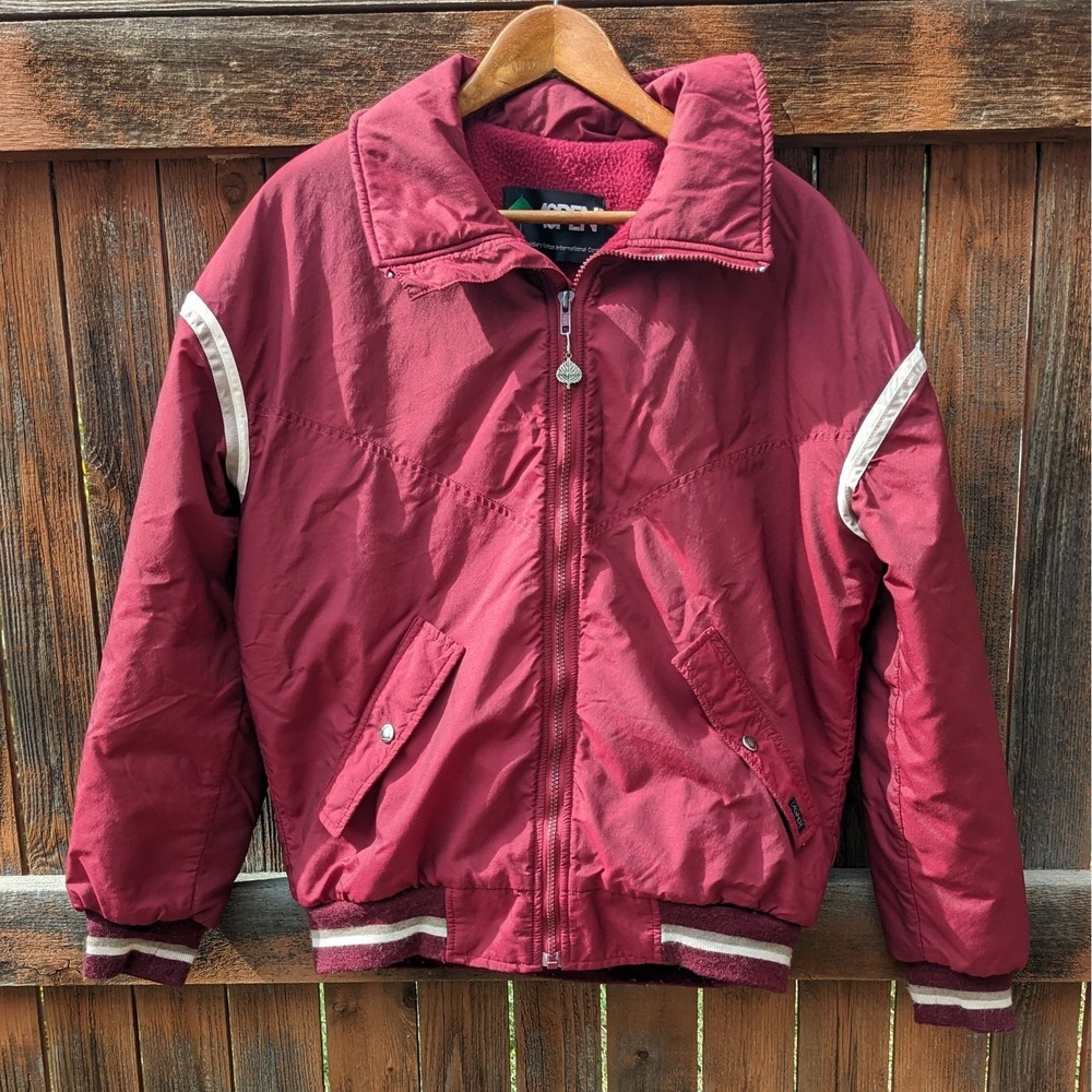 Vintage 80s Burgundy Puffer Jacket Men's Medium Ski Coat Striped Winter Full Zip